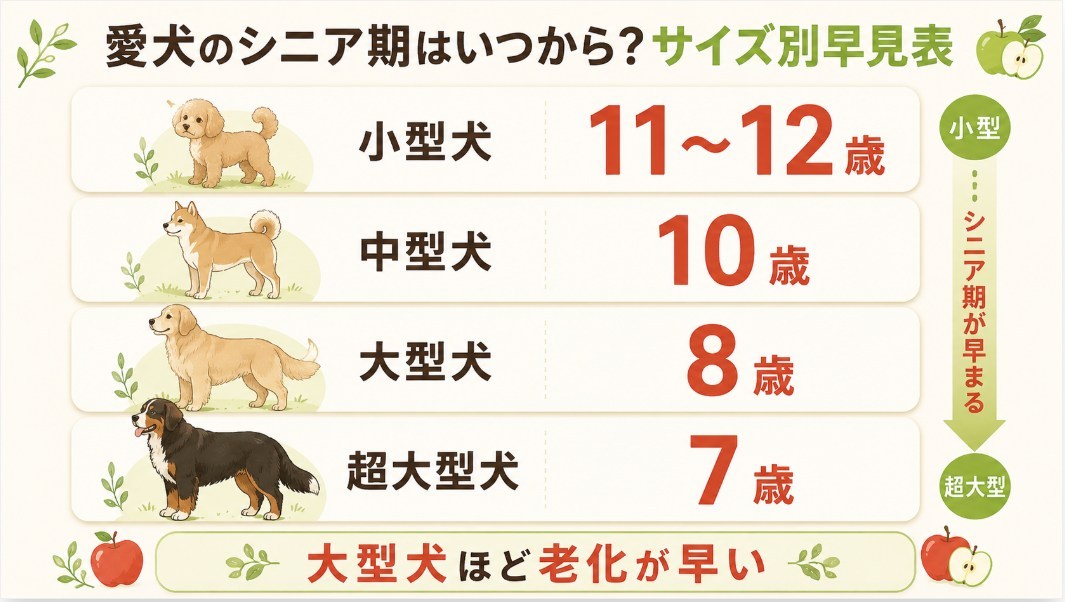 小型犬・中型犬・大型犬・超大型犬のシニア期突入年齢を比較したサイズ別早見表