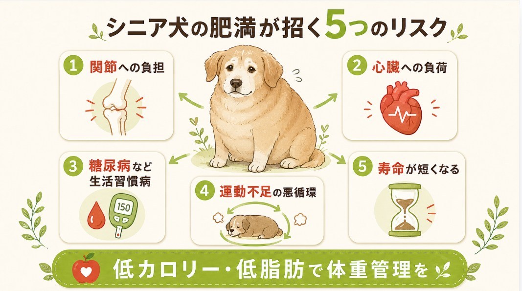 シニア犬の肥満が関節・心臓・生活習慣病に与えるリスクを示した図解