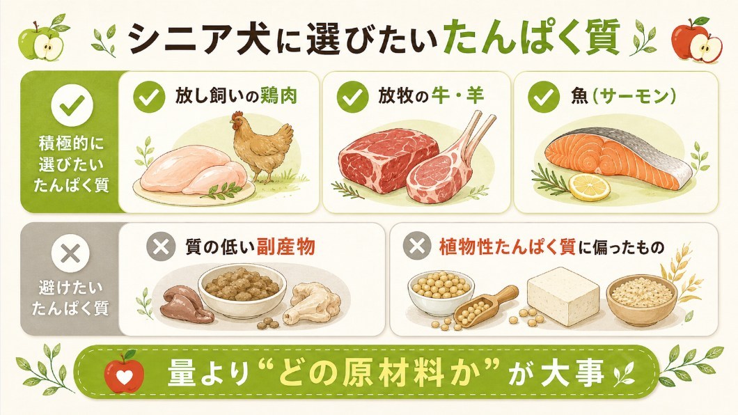 シニア犬に適した鶏肉・牛羊・魚など良質なたんぱく質と避けたい原材料の比較図